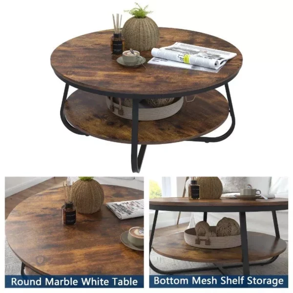 38.5″ Rustic Round Coffee Table with Open Storage and Sturdy Metal Legs