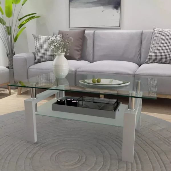 Elegant Rectangle Tempered Glass Coffee Table with Metal Legs