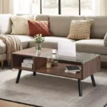 Modern 2-Tier Walnut Coffee Table with Glass Top and Storage