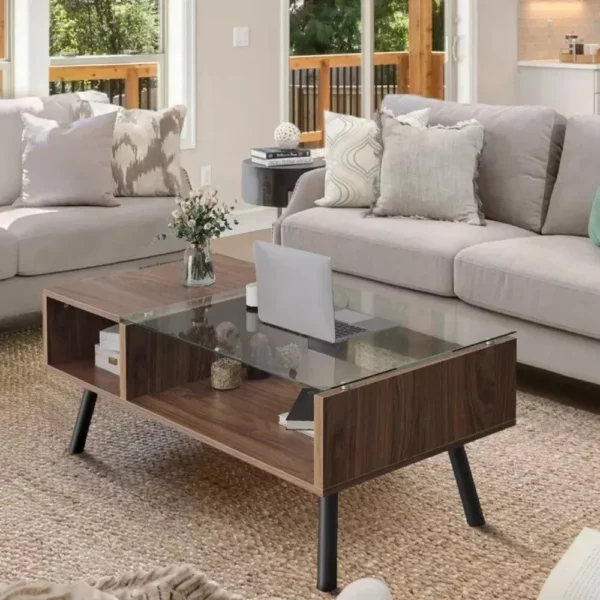 Modern 2-Tier Walnut Coffee Table with Glass Top and Storage