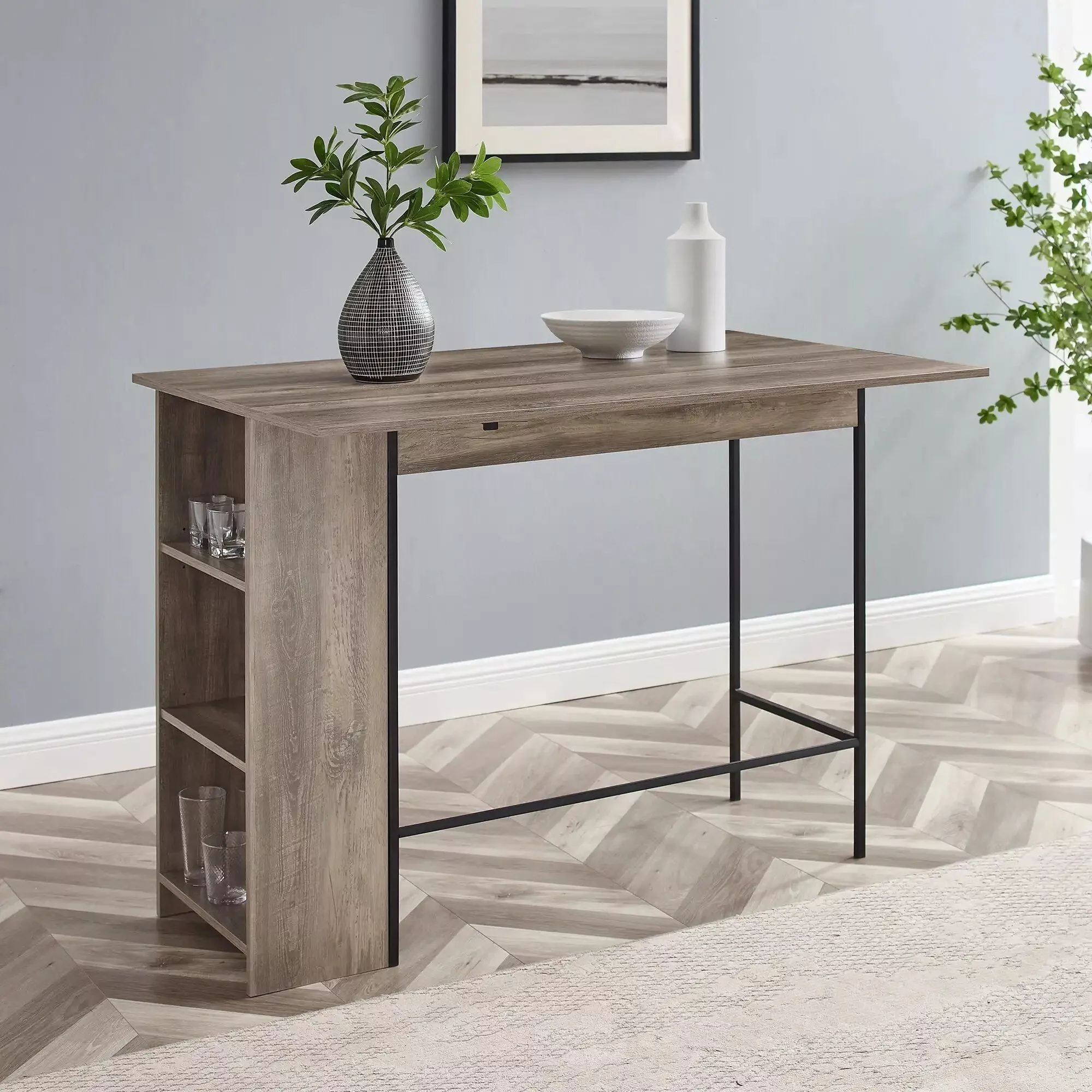 Expandable Grey Wash Side Table with Adjustable Shelves and Drop Leaf