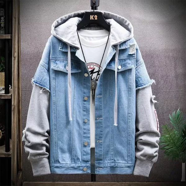 Hip Hop Hooded Denim Jacket with Knit Sleeves for Men