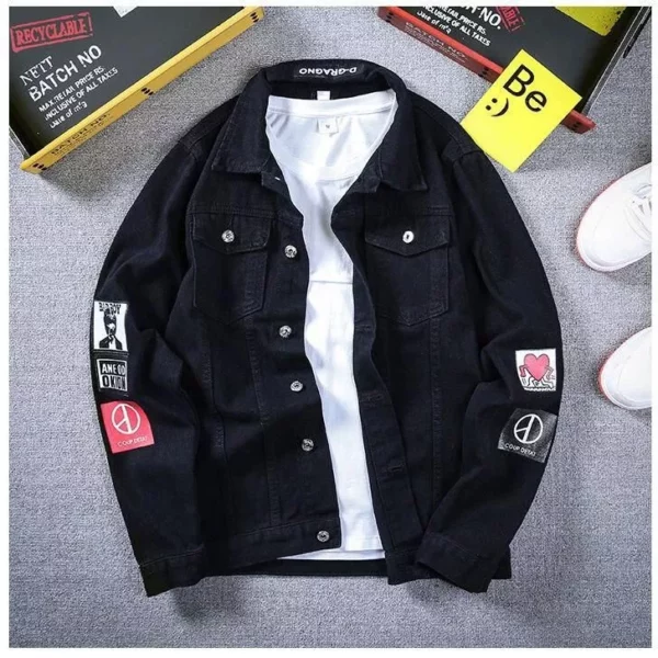 Men’s Hip Hop Printed Denim Jacket – Slim Fit Casual Outerwear