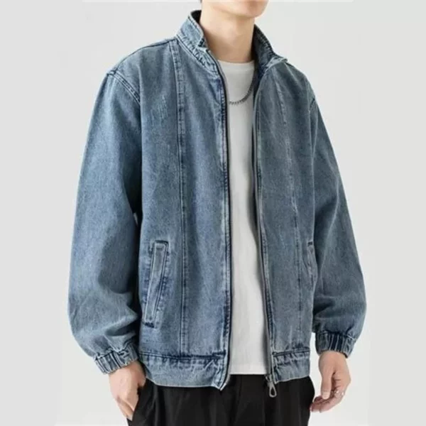 Men’s Stand Collar Denim Jacket – Casual Retro Zip-Up Outerwear