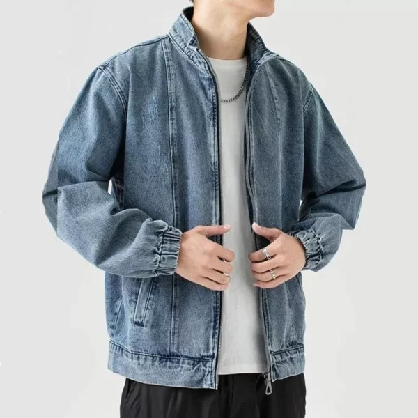 Men’s Stand Collar Denim Jacket – Casual Retro Zip-Up Outerwear