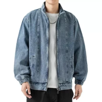 Men’s Stand Collar Denim Jacket – Casual Retro Zip-Up Outerwear