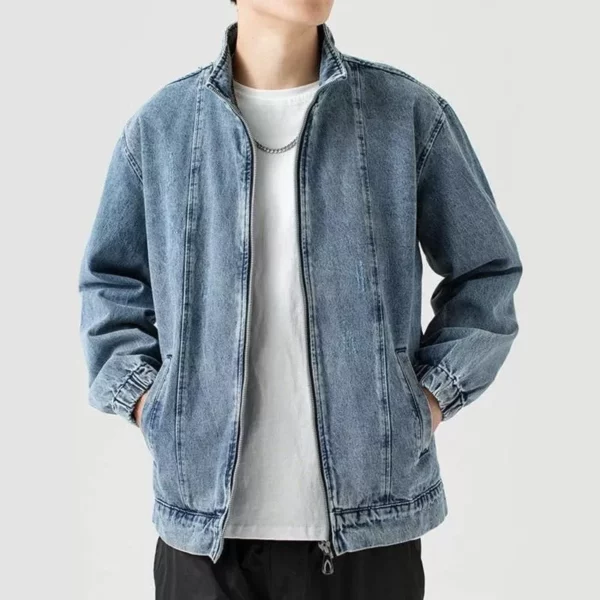 Men’s Stand Collar Denim Jacket – Casual Retro Zip-Up Outerwear