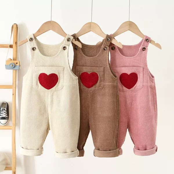 Kids Spring Corduroy Suspender Overalls with Heart Embroidery - Image 2