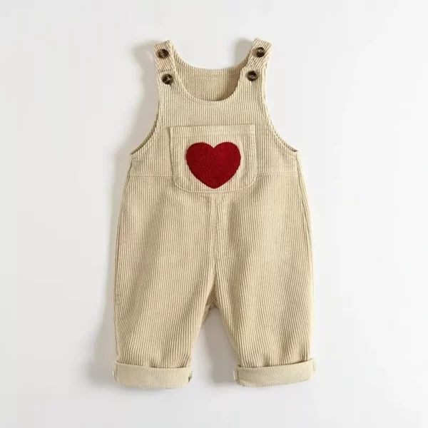 Kids Spring Corduroy Suspender Overalls with Heart Embroidery - Image 7