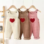 Kids Spring Corduroy Suspender Overalls with Heart Embroidery