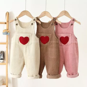 Kids Spring Corduroy Suspender Overalls with Heart Embroidery