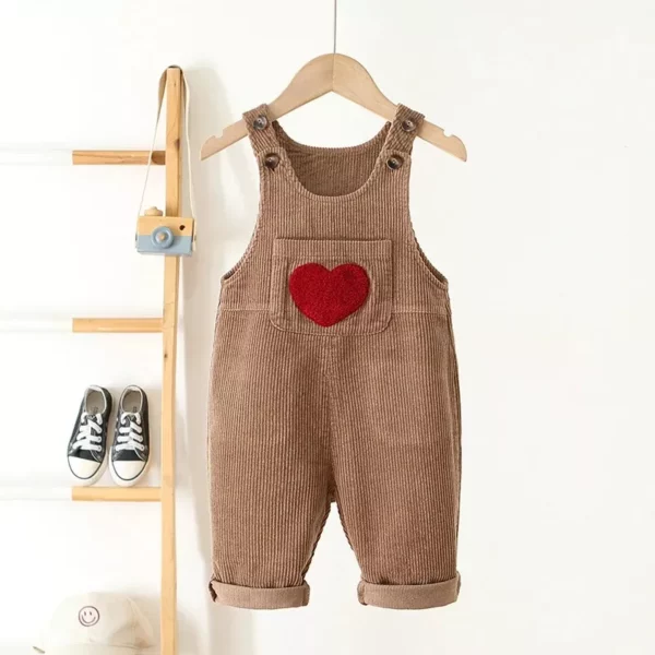 Kids Spring Corduroy Suspender Overalls with Heart Embroidery - Image 6