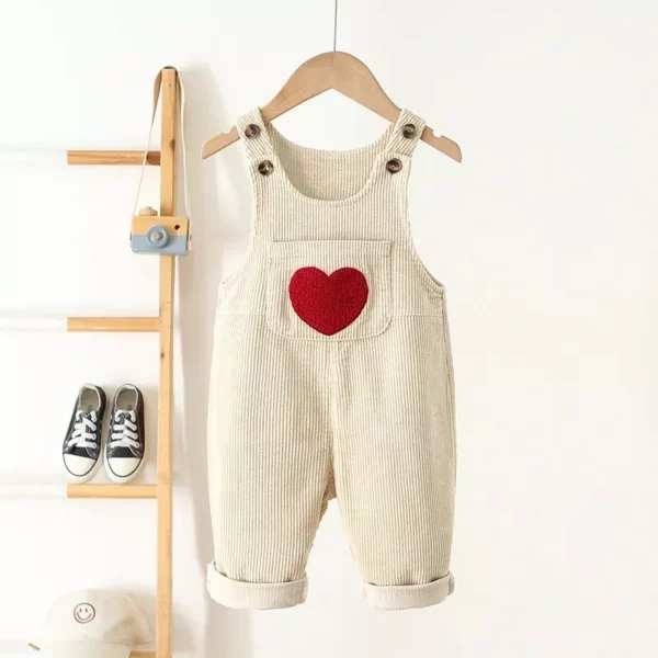 Kids Spring Corduroy Suspender Overalls with Heart Embroidery