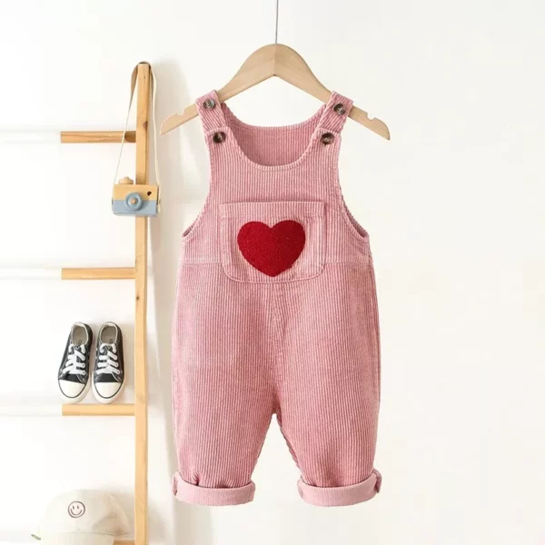 Kids Spring Corduroy Suspender Overalls with Heart Embroidery