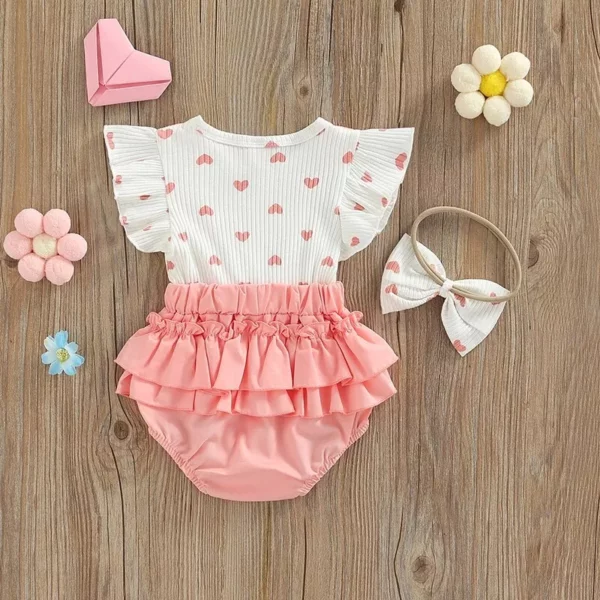 Pink Heart Pattern Baby Girl Romper & Bow Knot Headdress Set (0-18M)