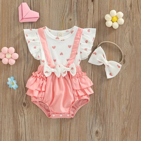 Pink Heart Pattern Baby Girl Romper & Bow Knot Headdress Set (0-18M) - Image 2