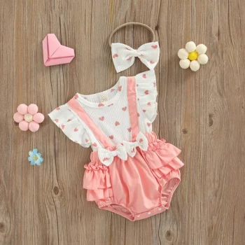 Pink Heart Pattern Baby Girl Romper & Bow Knot Headdress Set (0-18M)