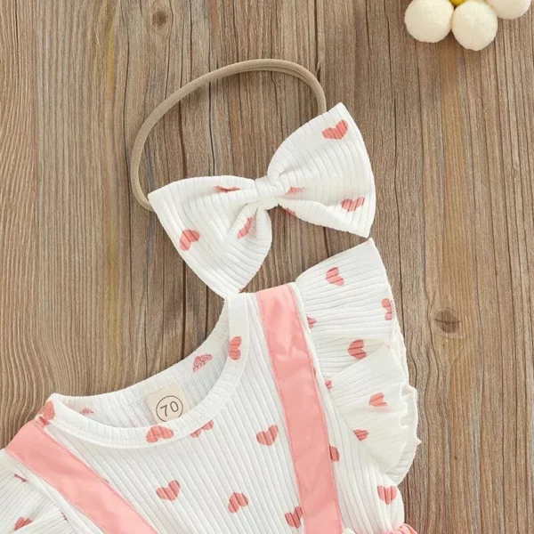 Pink Heart Pattern Baby Girl Romper & Bow Knot Headdress Set (0-18M)