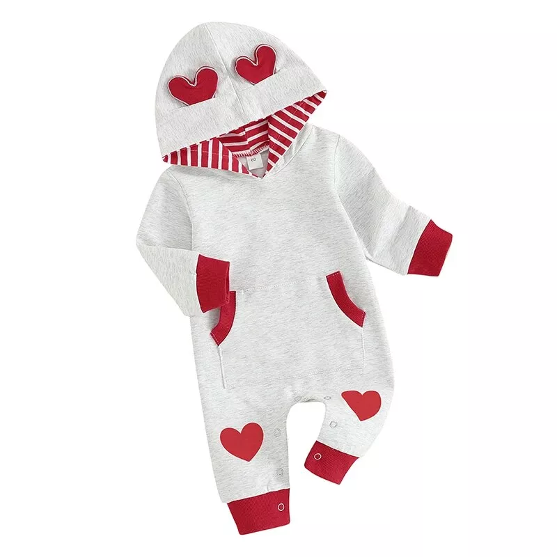 Baby Girls’ Valentine’s Day Heart Print Hooded Romper
