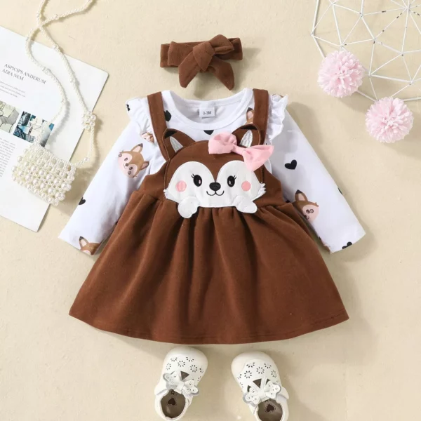 Autumn Fox-Themed Baby Girl 3-Piece Outfit Set with Ruffle Romper, Suspender Skirt, and Headband