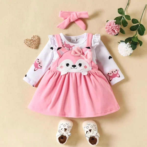 Autumn Fox-Themed Baby Girl 3-Piece Outfit Set with Ruffle Romper, Suspender Skirt, and Headband