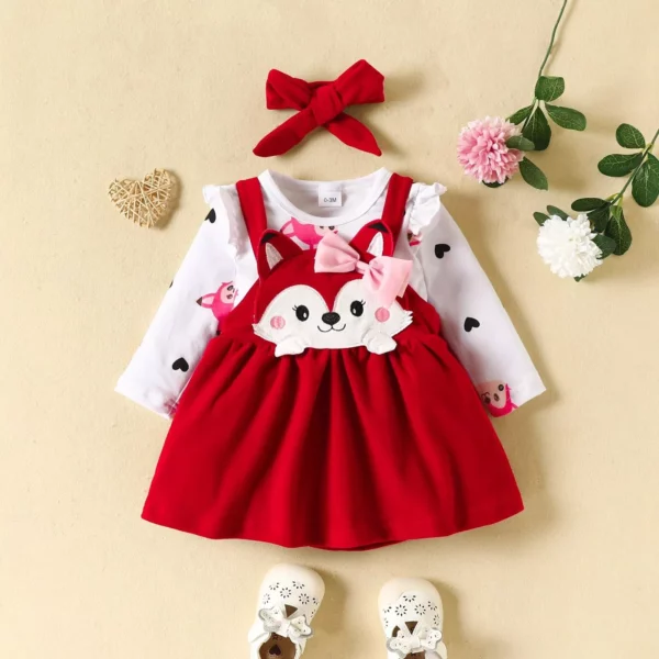 Autumn Fox-Themed Baby Girl 3-Piece Outfit Set with Ruffle Romper, Suspender Skirt, and Headband