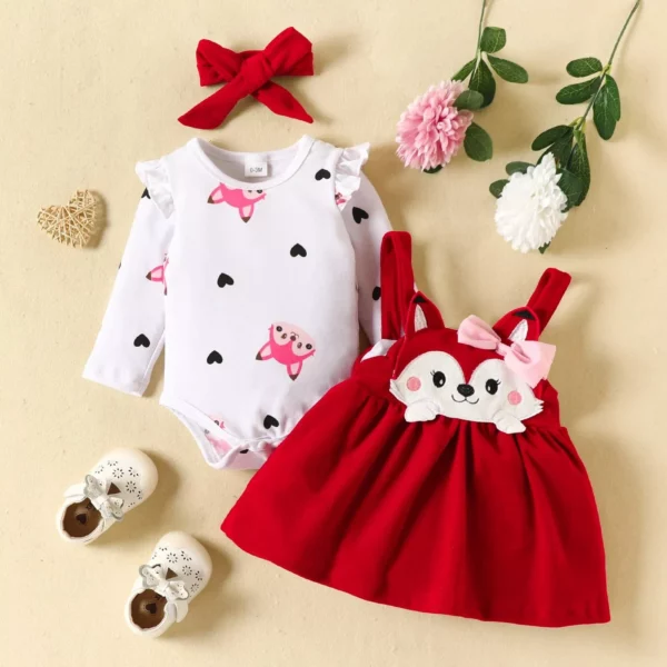 Autumn Fox-Themed Baby Girl 3-Piece Outfit Set with Ruffle Romper, Suspender Skirt, and Headband