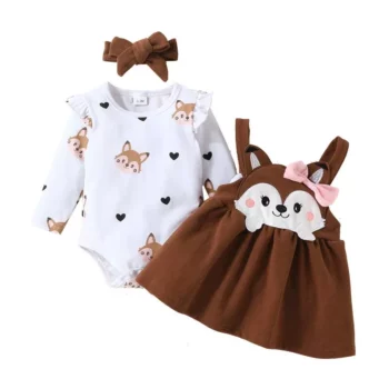 Autumn Fox-Themed Baby Girl 3-Piece Outfit Set with Ruffle Romper, Suspender Skirt, and Headband
