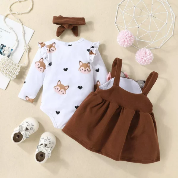 Autumn Fox-Themed Baby Girl 3-Piece Outfit Set with Ruffle Romper, Suspender Skirt, and Headband