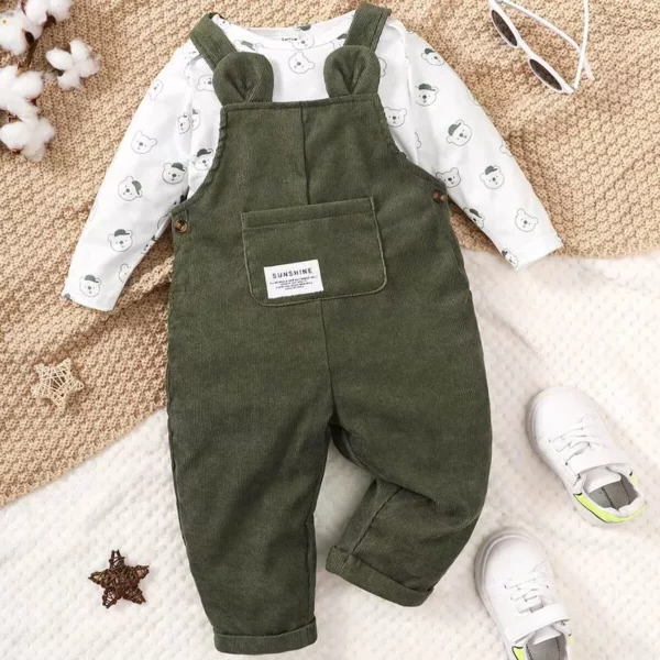 Adorable Bear-Themed Baby Clothing Set – Comfy Cotton Long Sleeve Top and Strap Pants for Boys and Girls