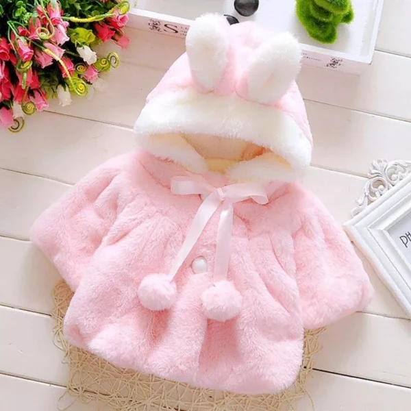 Plush Rabbit Ears Princess Hooded Jacket for Baby Girls – Warm Winter & Autumn Outwear