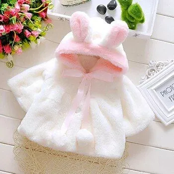 Plush Rabbit Ears Princess Hooded Jacket for Baby Girls – Warm Winter & Autumn Outwear