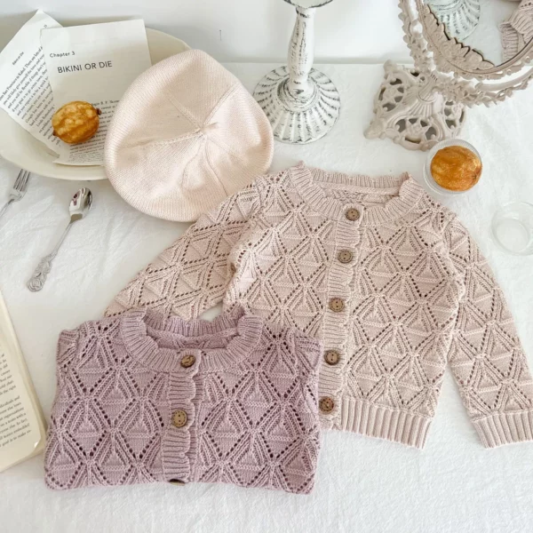 Vintage Knit Cotton Cardigan for Baby Girls – Hollow Long Sleeve Cozy Autumn Sweater