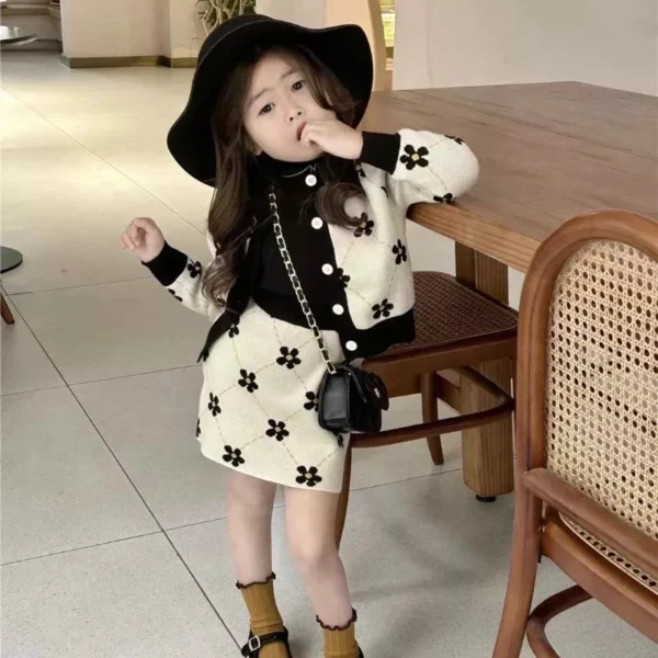 Charming Floral Knit Cardigan and Skirt Set for Girls – Perfect Autumn Outfit