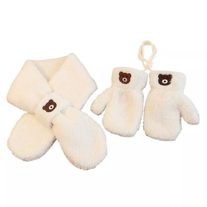 Cozy Lamb Wool Bear-Themed Winter Scarf & Gloves Set for Kids 2-6Y