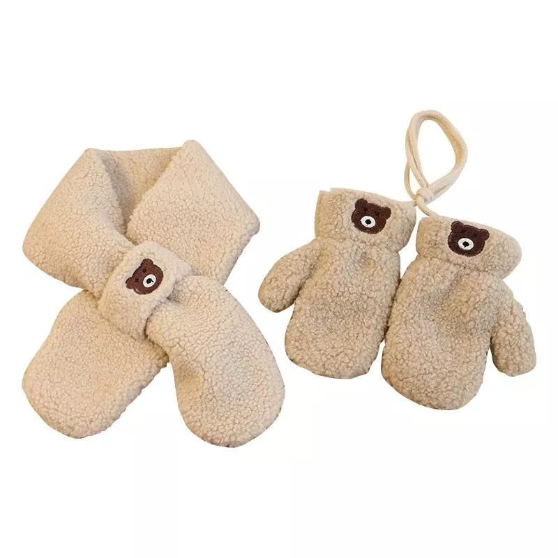 Cozy Lamb Wool Bear-Themed Winter Scarf & Gloves Set for Kids 2-6Y