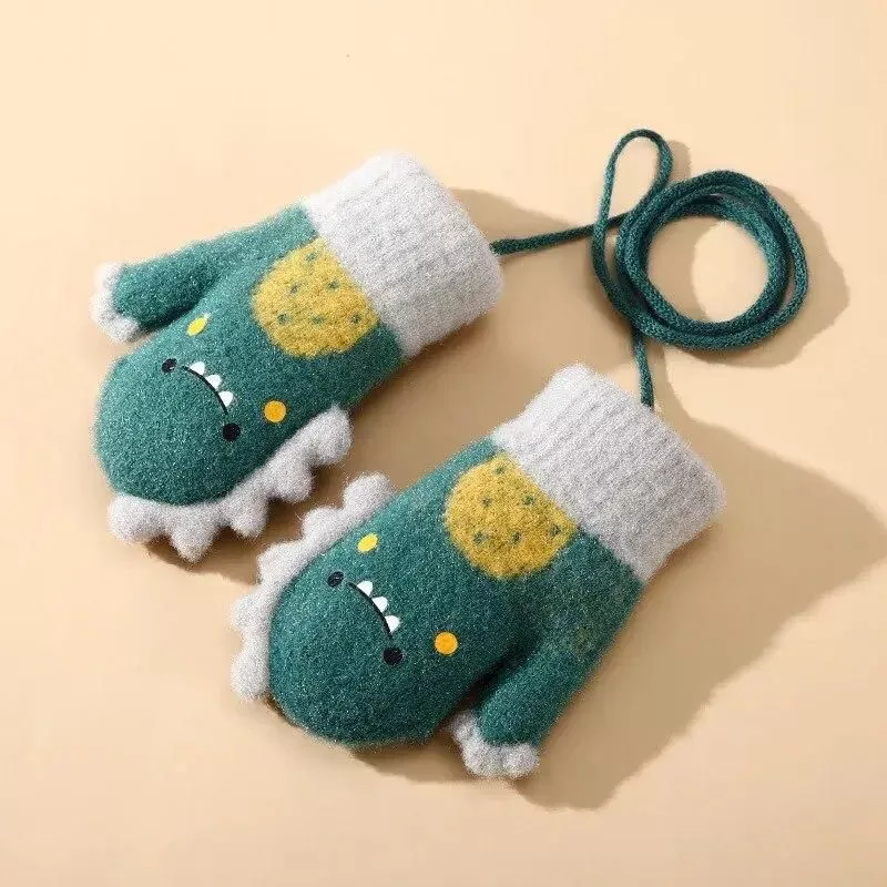 Cozy Cartoon Dinosaur Knitted Baby Gloves – Warm Full Finger Mittens for Toddlers