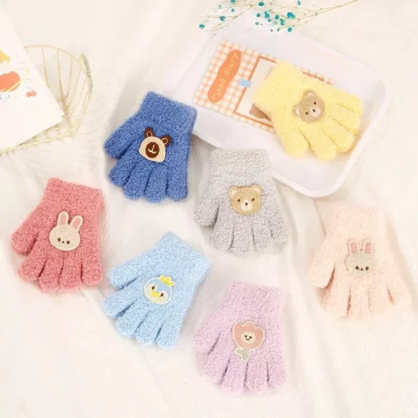 Cute Rabbit & Flower Baby Gloves – Acrylic Full Finger Mittens for Toddlers