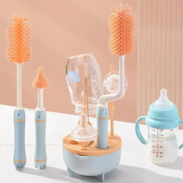 Baby Silicone Bottle Brush with Long Handle: 360-Degree Rotating Cleaning Set & Drying Rack