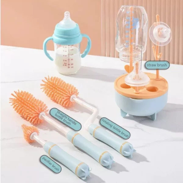 Baby Silicone Bottle Brush with Long Handle: 360-Degree Rotating Cleaning Set & Drying Rack