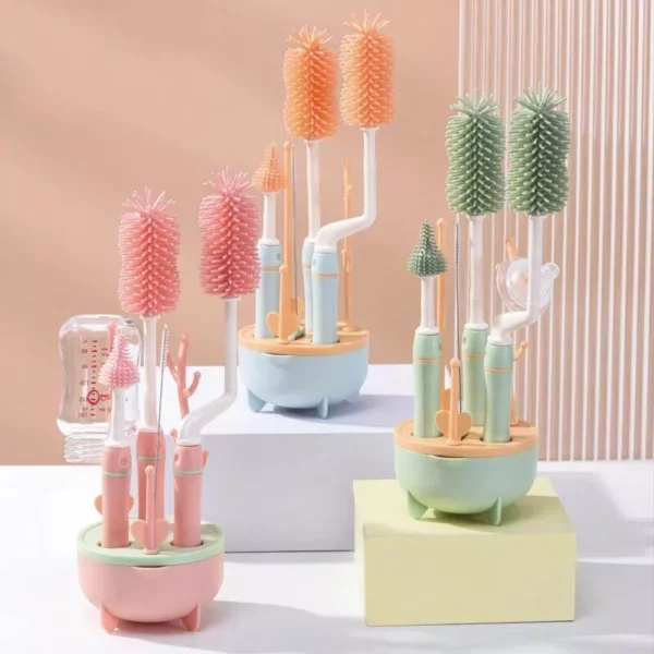 Baby Silicone Bottle Brush with Long Handle: 360-Degree Rotating Cleaning Set & Drying Rack