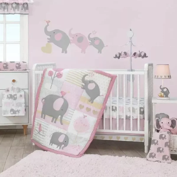 3-Piece Elephant Crib Bedding Set - Pink, Gray & White - Image 2