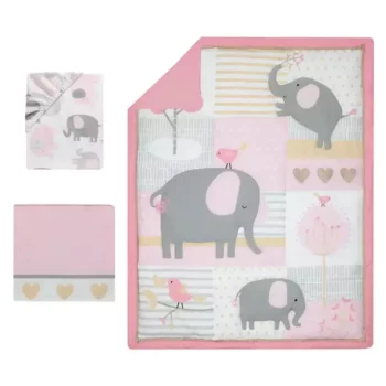 3-Piece Elephant Crib Bedding Set – Pink, Gray & White