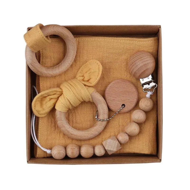 Wooden & Cotton Baby Teething Set with Pacifier Clips & Saliva Bib