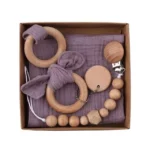 Wooden & Cotton Baby Teething Set with Pacifier Clips & Saliva Bib