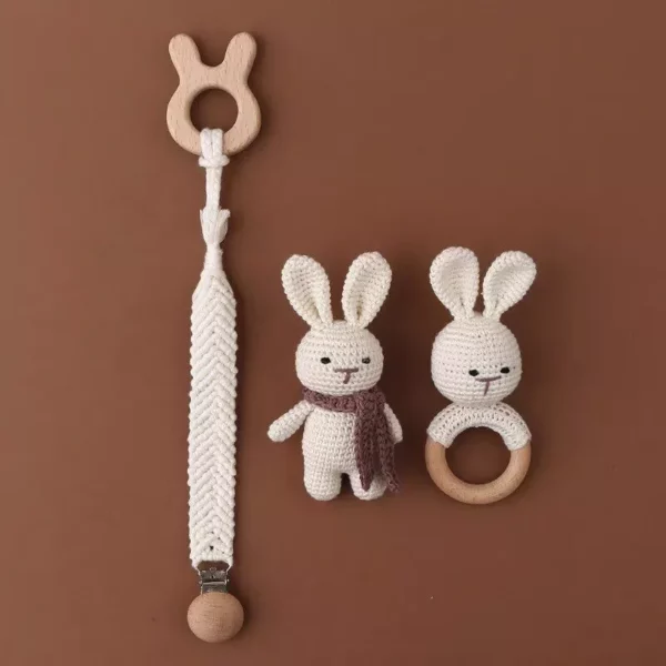 4-Piece Handmade Crochet Bunny Baby Set with Wooden Teething Accessories