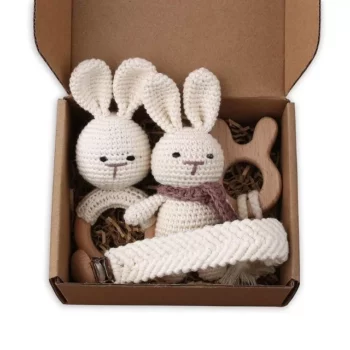 4-Piece Handmade Crochet Bunny Baby Set with Wooden Teething Accessories