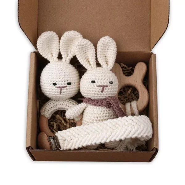 4-Piece Handmade Crochet Bunny Baby Set with Wooden Teething Accessories - Image 2