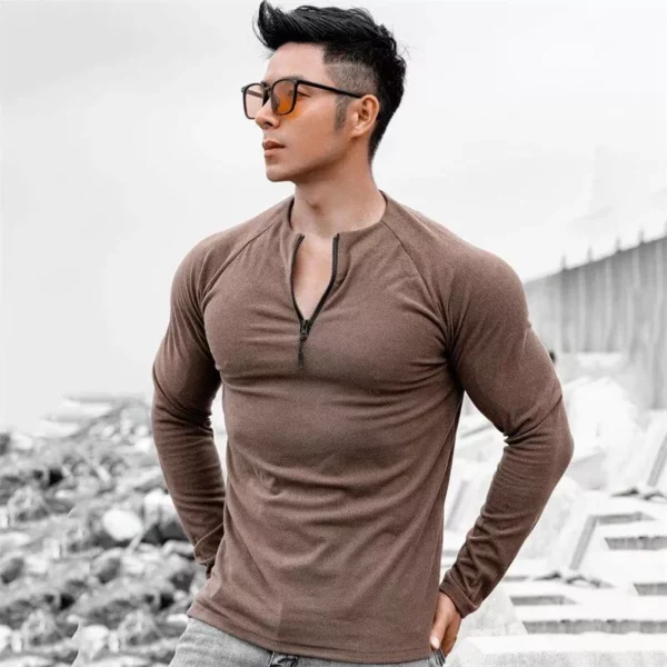 Men’s Long Sleeve Slim Fit Sports T-Shirt with Zipper Neckline