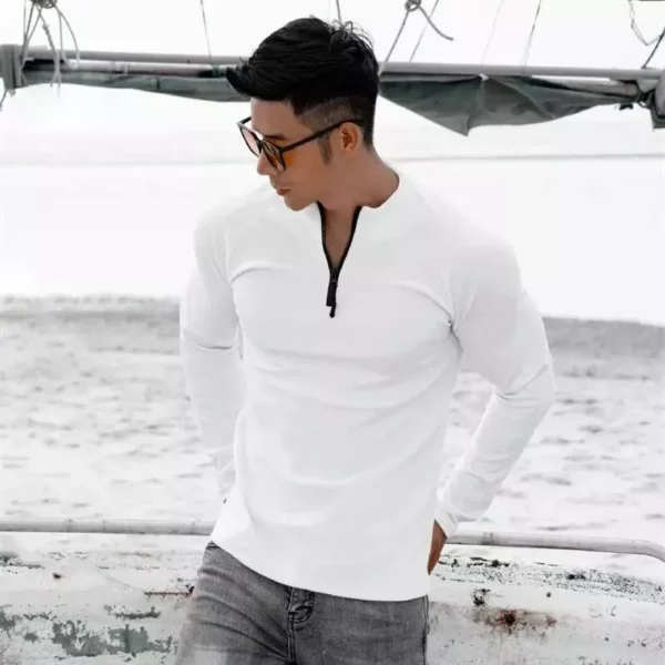 Men’s Long Sleeve Slim Fit Sports T-Shirt with Zipper Neckline